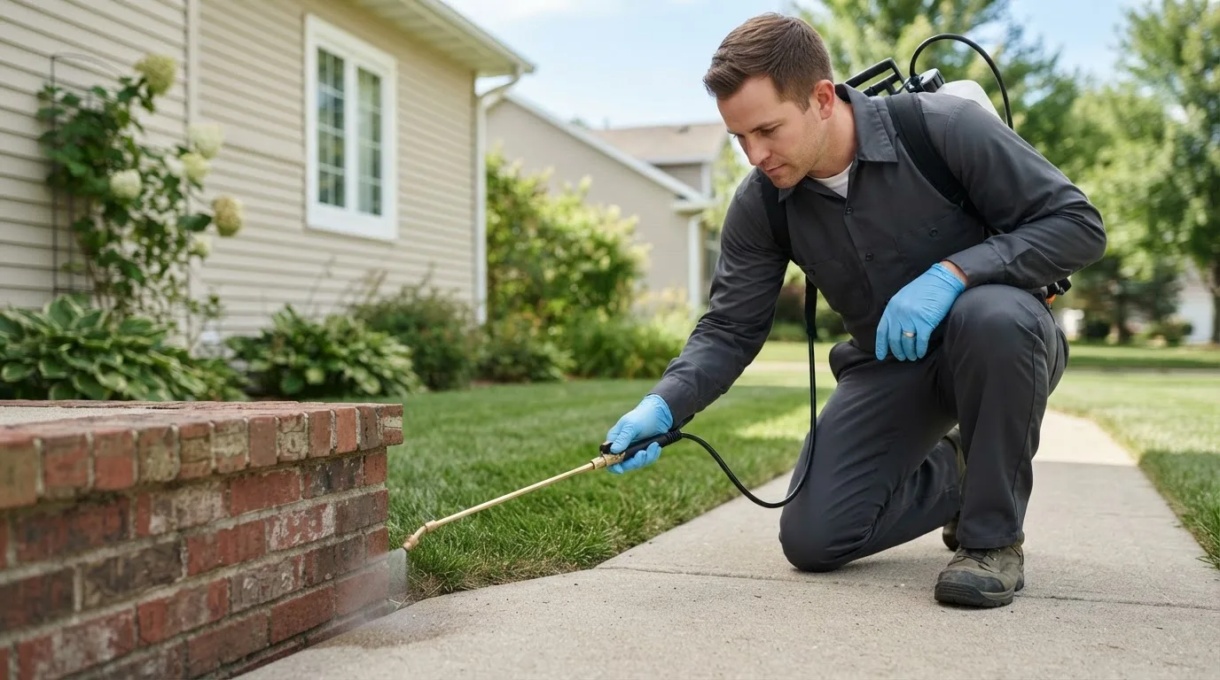 Pest control technician treating a home near Lake Station, IN