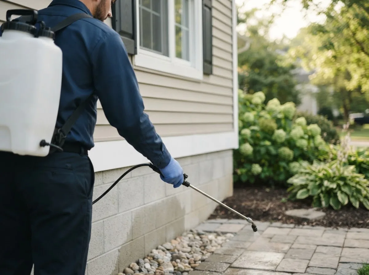 Pest control technician inspecting a home in Lake Station, IN